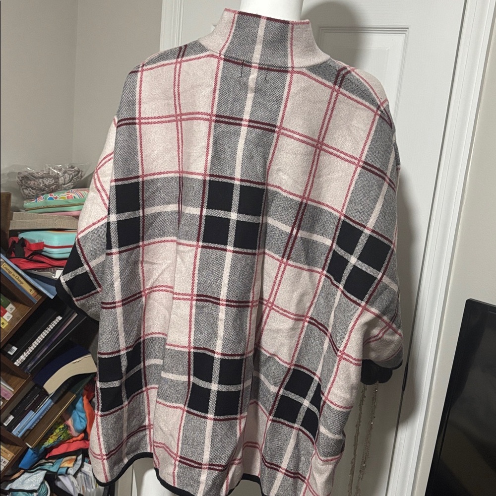 Nicole Miller Black and Gray Plaid Poncho - Picture 2 of 7